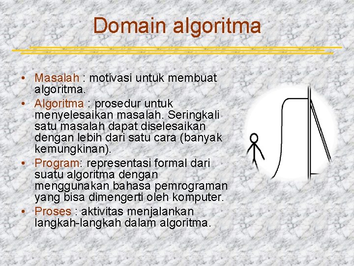 Domain algoritma • Masalah : motivasi untuk membuat algoritma. • Algoritma : prosedur untuk