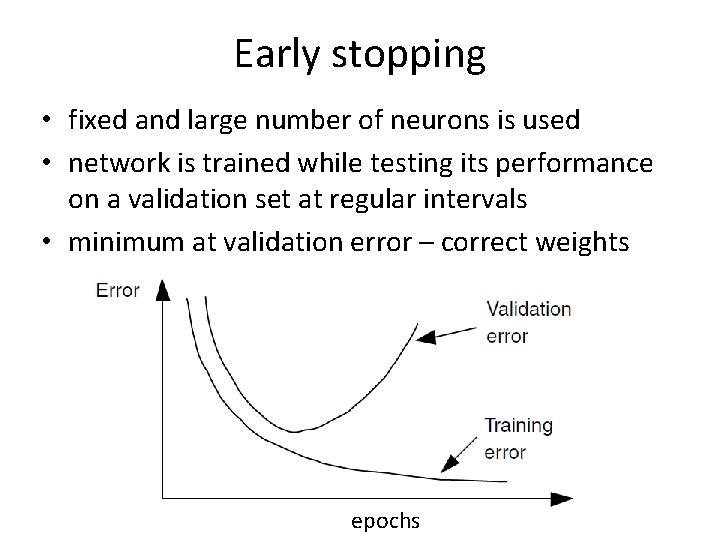 Early stopping • fixed and large number of neurons is used • network is