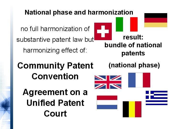 National phase and harmonization no full harmonization of substantive patent law but harmonizing effect