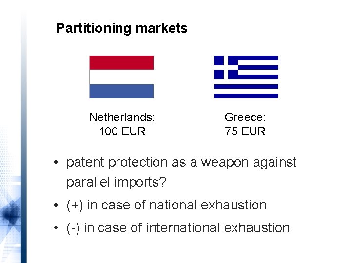 Partitioning markets Netherlands: 100 EUR Greece: 75 EUR • patent protection as a weapon