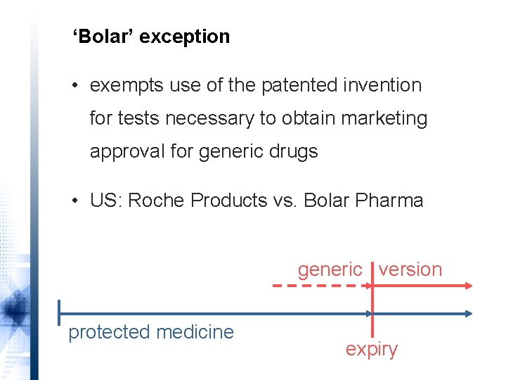 ‘Bolar’ exception • exempts use of the patented invention for tests necessary to obtain