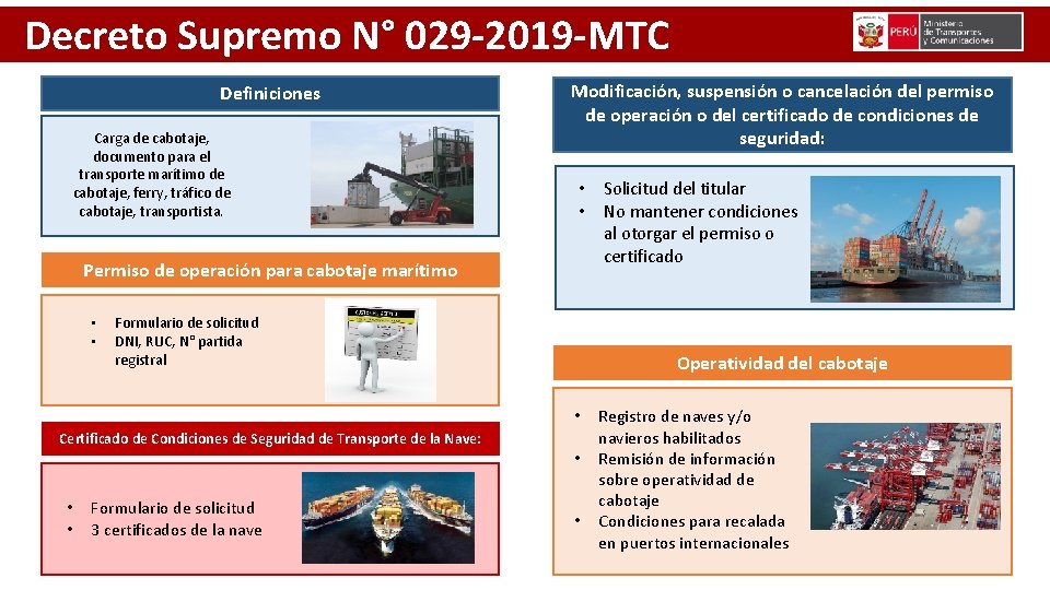 Decreto Supremo N° 029 -2019 -MTC Definiciones Carga de cabotaje, documento para el transporte