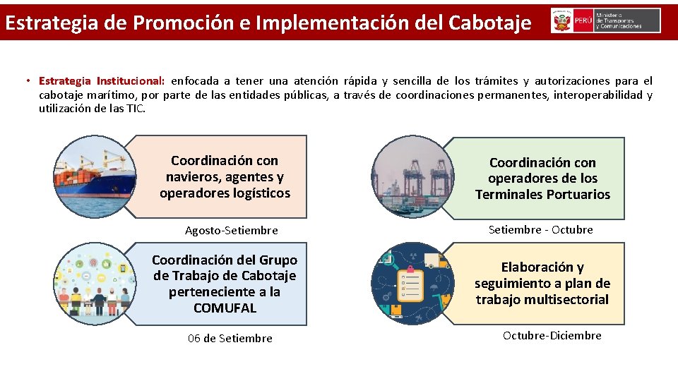 Estrategia de Promoción e Implementación del Cabotaje • Estrategia Institucional: enfocada a tener una