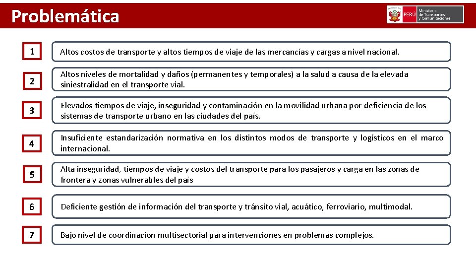 Problemática 1 Altos costos de transporte y altos tiempos de viaje de las mercancías