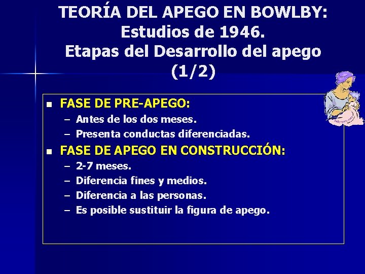 TEORÍA DEL APEGO EN BOWLBY: Estudios de 1946. Etapas del Desarrollo del apego (1/2) TEORÍA DEL APEGO EN BOWLBY: Estudios de 1946. Etapas del Desarrollo del apego (1/2)