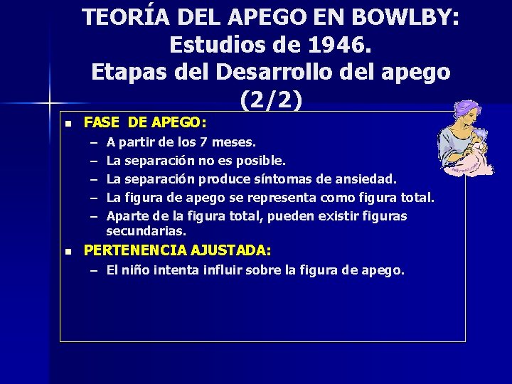 TEORÍA DEL APEGO EN BOWLBY: Estudios de 1946. Etapas del Desarrollo del apego (2/2) TEORÍA DEL APEGO EN BOWLBY: Estudios de 1946. Etapas del Desarrollo del apego (2/2)