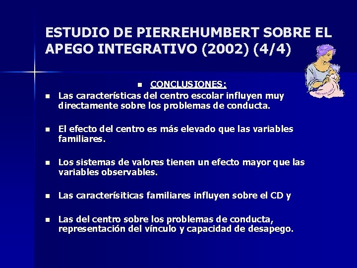 ESTUDIO DE PIERREHUMBERT SOBRE EL APEGO INTEGRATIVO (2002) (4/4) CONCLUSIONES: Las características del centro ESTUDIO DE PIERREHUMBERT SOBRE EL APEGO INTEGRATIVO (2002) (4/4) CONCLUSIONES: Las características del centro