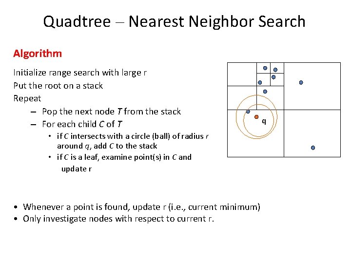 Quadtree – Nearest Neighbor Search Algorithm Initialize range search with large r Put the