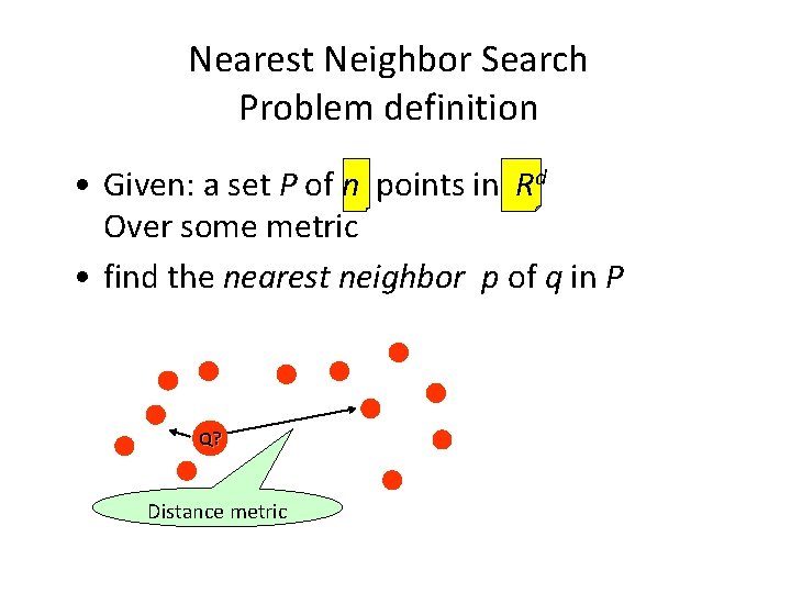 Nearest Neighbor Search Problem definition • Given: a set P of n points in