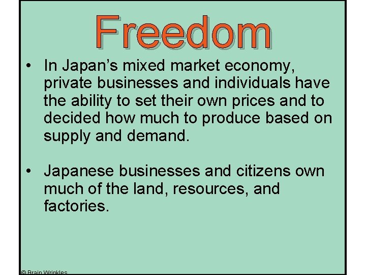 Freedom • In Japan’s mixed market economy, private businesses and individuals have the ability