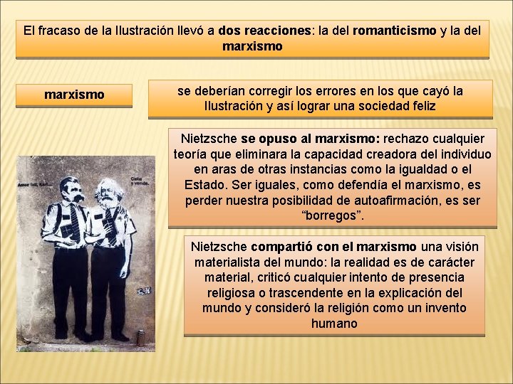 El fracaso de la Ilustración llevó a dos reacciones: la del romanticismo y la El fracaso de la Ilustración llevó a dos reacciones: la del romanticismo y la