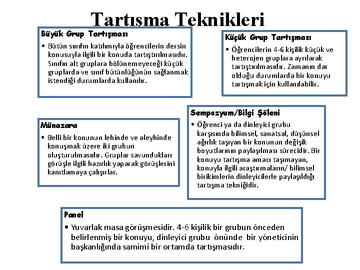 Tartışma Teknikleri Büyük Grup Tartışması • Bütün sınıfın katılımıyla öğrencilerin dersin konusuyla ilgili bir