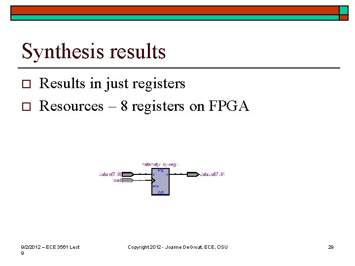 Synthesis results o o Results in just registers Resources – 8 registers on FPGA
