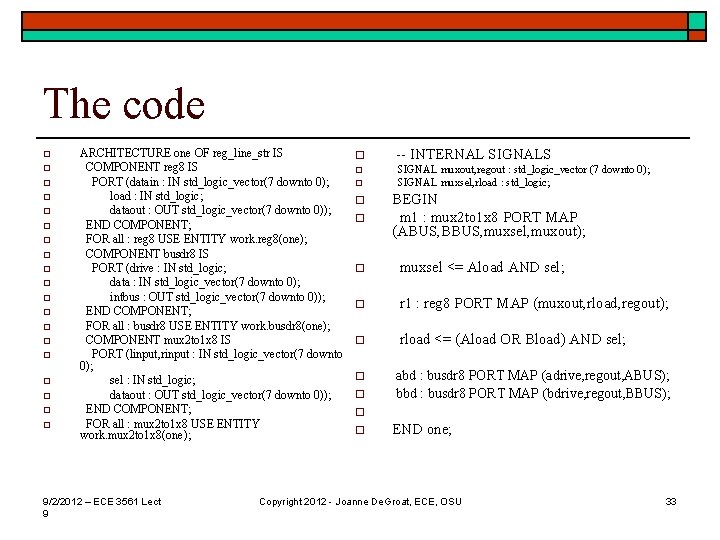 The code o o o o o ARCHITECTURE one OF reg_line_str IS COMPONENT reg