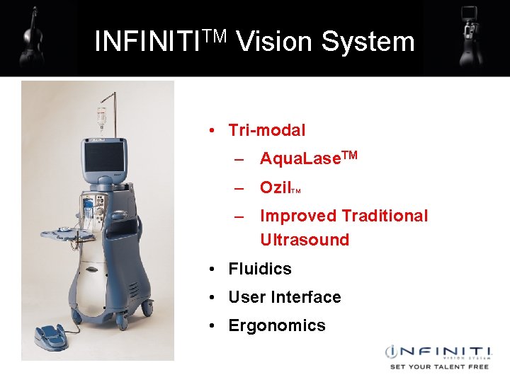 INFINITITM Vision System • Tri-modal – Aqua. Lase. TM – Ozil TM – Improved