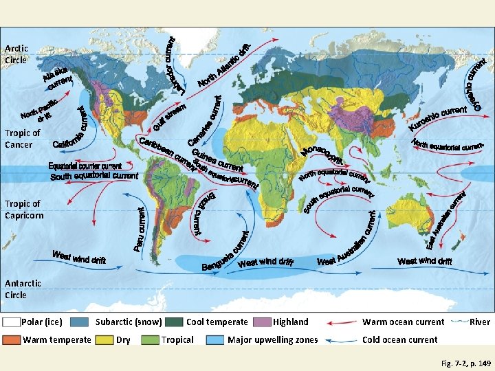 Arctic Circle Tropic of Cancer Tropic of Capricorn Antarctic Circle Polar (ice) Warm temperate