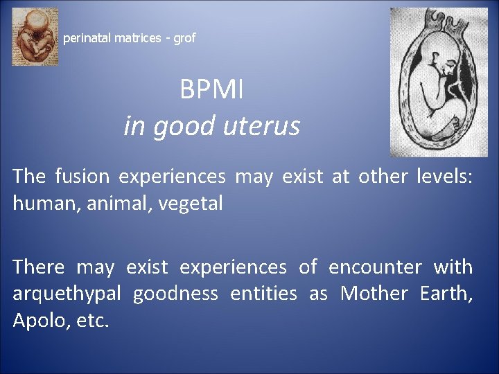 perinatal matrices - grof BPMI in good uterus The fusion experiences may exist at
