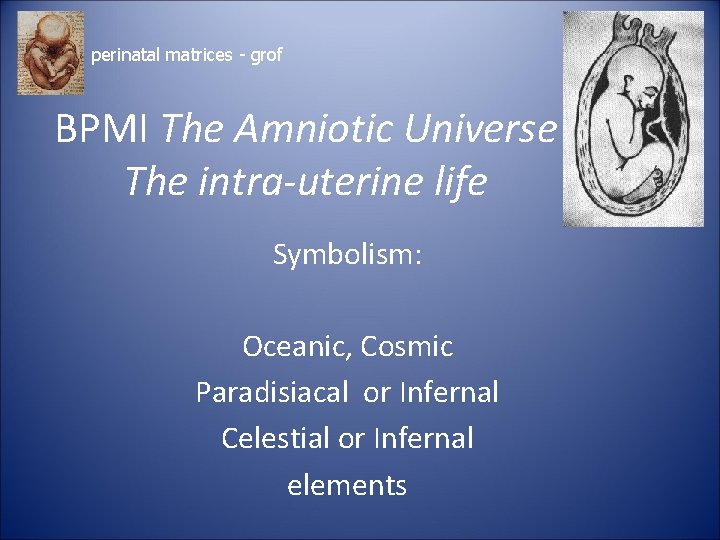 perinatal matrices - grof BPMI The Amniotic Universe The intra-uterine life Symbolism: Oceanic, Cosmic