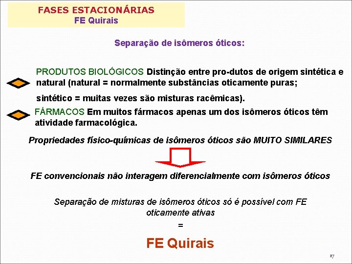 FASES ESTACIONÁRIAS FE Quirais Separação de isômeros óticos: PRODUTOS BIOLÓGICOS Distinção entre pro-dutos de