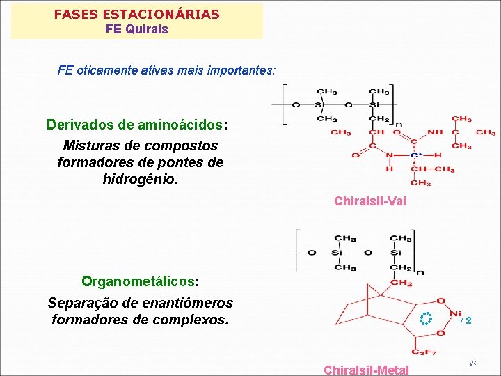 FASES ESTACIONÁRIAS FE Quirais FE oticamente ativas mais importantes: Derivados de aminoácidos: Misturas de