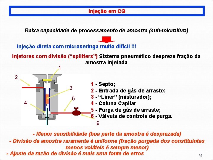 Injeção em CG Baixa capacidade de processamento de amostra (sub-microlitro) Injeção direta com microseringa