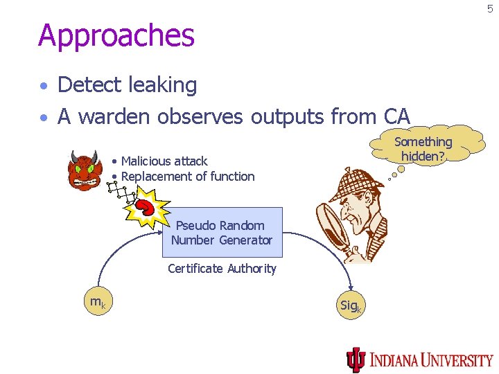 5 Approaches • Detect leaking • A warden observes outputs from CA Something hidden? 5 Approaches • Detect leaking • A warden observes outputs from CA Something hidden?