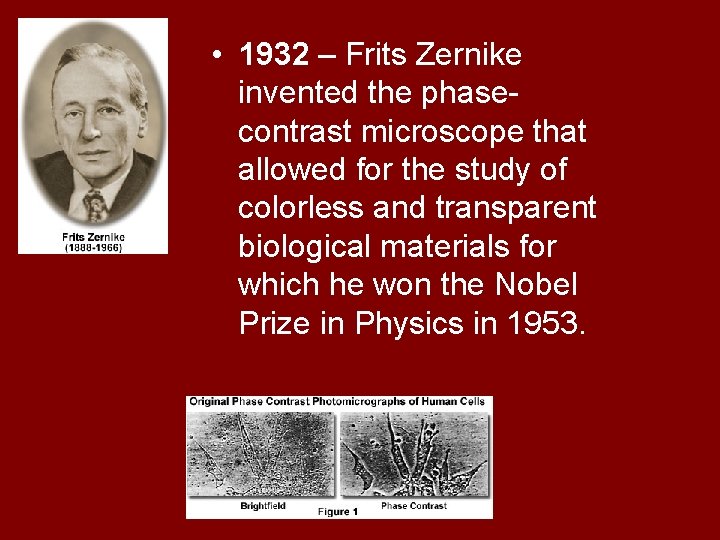 • 1932 – Frits Zernike invented the phasecontrast microscope that allowed for the • 1932 – Frits Zernike invented the phasecontrast microscope that allowed for the