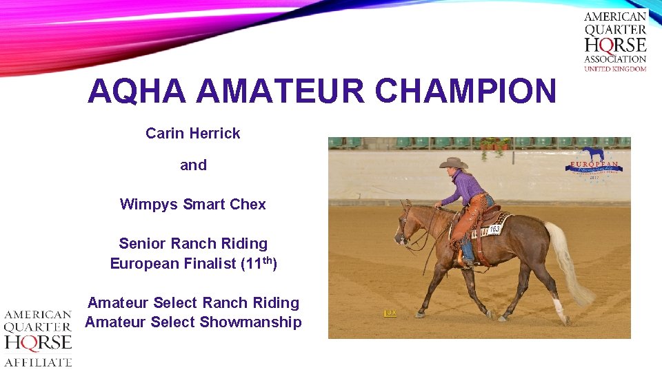  AQHA AMATEUR CHAMPION Carin Herrick and Wimpys Smart Chex Senior Ranch Riding European