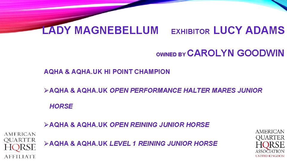 LADY MAGNEBELLUM EXHIBITOR LUCY ADAMS OWNED BY CAROLYN GOODWIN AQHA & AQHA. UK HI