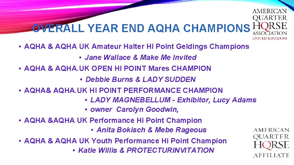 OVERALL YEAR END AQHA CHAMPIONS • AQHA & AQHA UK Amateur Halter HI Point