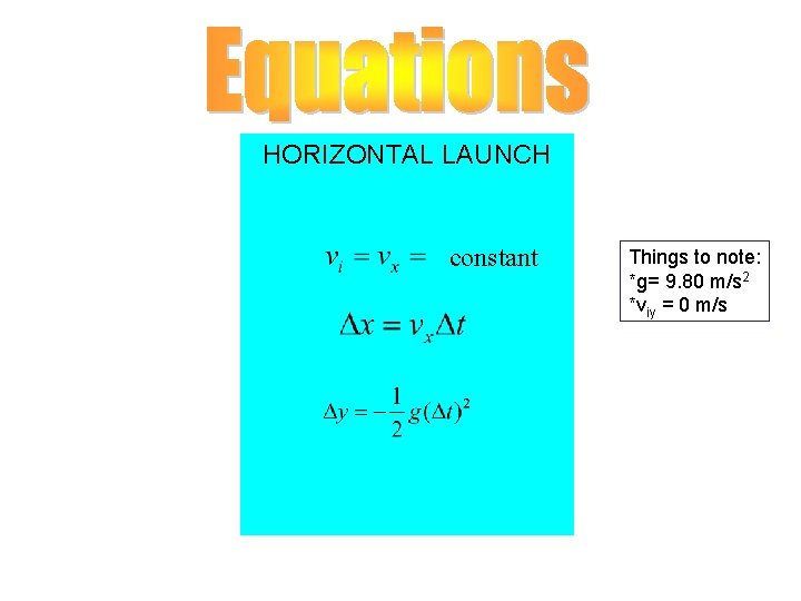 HORIZONTAL LAUNCH constant Things to note: *g= 9. 80 m/s 2 *viy = 0 HORIZONTAL LAUNCH constant Things to note: *g= 9. 80 m/s 2 *viy = 0