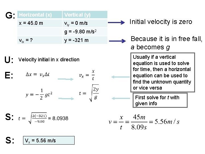 G: Horizontal (x) Vertical (y) x = 45. 0 m viy = 0 m/s G: Horizontal (x) Vertical (y) x = 45. 0 m viy = 0 m/s