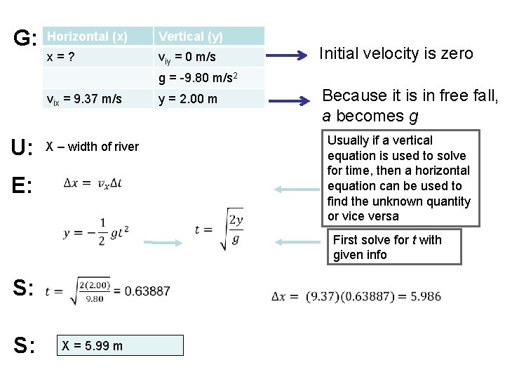 G: Horizontal (x) Vertical (y) x = ? viy = 0 m/s Initial velocity G: Horizontal (x) Vertical (y) x = ? viy = 0 m/s Initial velocity