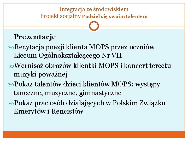 Integracja ze środowiskiem Projekt socjalny Podziel się swoim talentem Prezentacje Recytacja poezji klienta MOPS