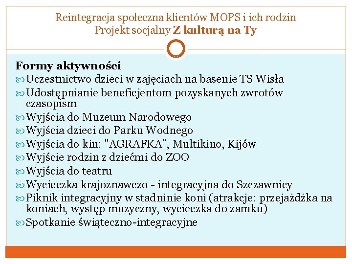 Reintegracja społeczna klientów MOPS i ich rodzin Projekt socjalny Z kulturą na Ty Formy