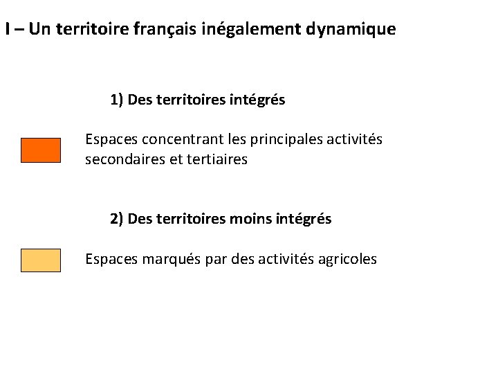 I – Un territoire français inégalement dynamique 1) Des territoires intégrés Espaces concentrant les