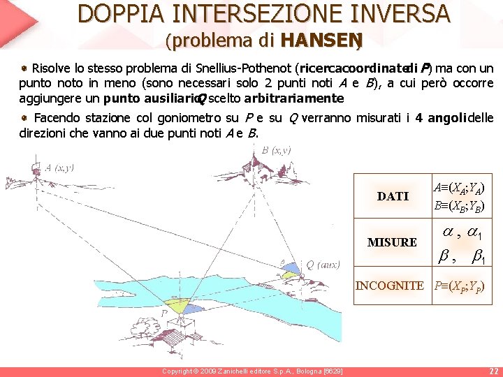DOPPIA INTERSEZIONE INVERSA (problema di HANSEN) Risolve lo stesso problema di Snellius-Pothenot (ricercacoordinatedi P)