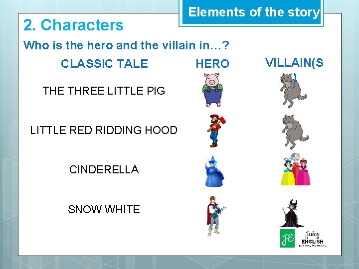 2. Characters Elements of the story Who is the hero and the villain in…?