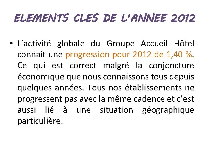 ELEMENTS CLES DE L’ANNEE 2012 • L’activité globale du Groupe Accueil Hôtel connait une