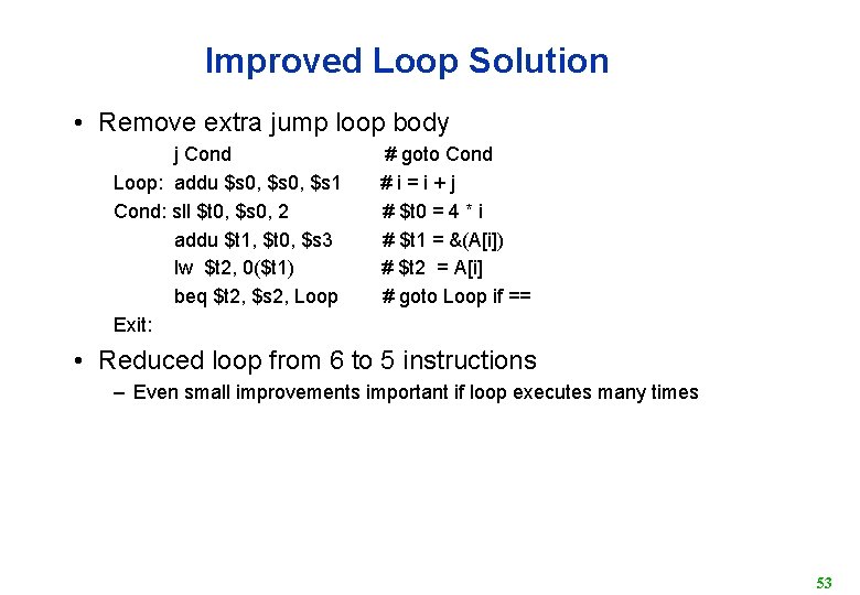 Improved Loop Solution • Remove extra jump loop body j Cond # goto Cond