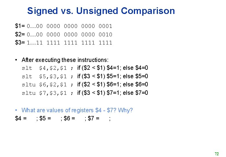 Signed vs. Unsigned Comparison $1= 0… 00 0000 0001 $2= 0… 00 0000 0010