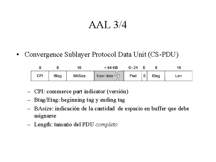 AAL 3/4 • Convergence Sublayer Protocol Data Unit (CS-PDU) – CPI: commerce part indicator