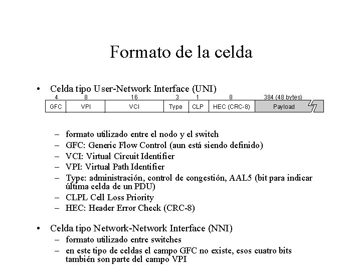 Formato de la celda • Celda tipo User-Network Interface (UNI) 4 8 16 3