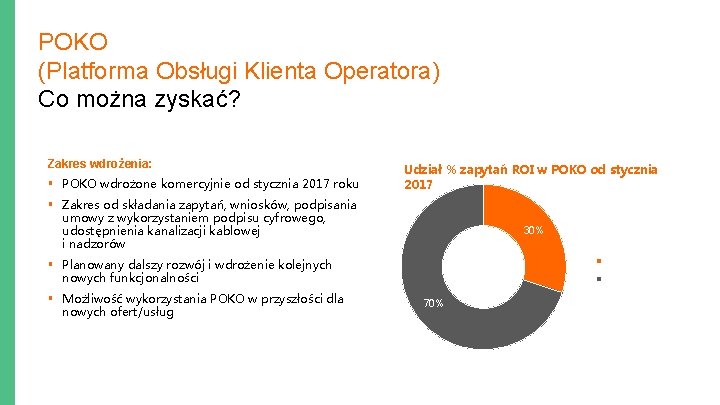 POKO (Platforma Obsługi Klienta Operatora) Co można zyskać? Zakres wdrożenia: § POKO wdrożone komercyjnie