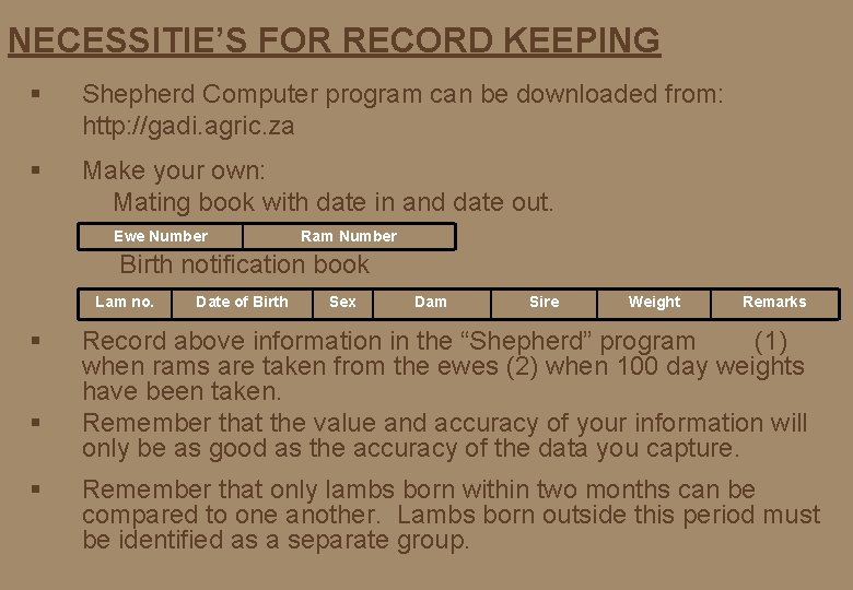 NECESSITIE’S FOR RECORD KEEPING § Shepherd Computer program can be downloaded from: http: //gadi.