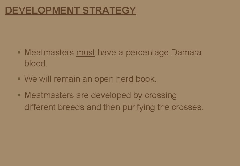 DEVELOPMENT STRATEGY § Meatmasters must have a percentage Damara blood. § We will remain