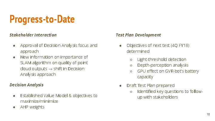 Progress-to-Date Stakeholder Interaction ● ● Approval of Decision Analysis focus and approach New information