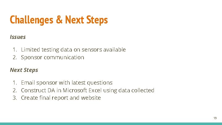 Challenges & Next Steps Issues 1. Limited testing data on sensors available 2. Sponsor
