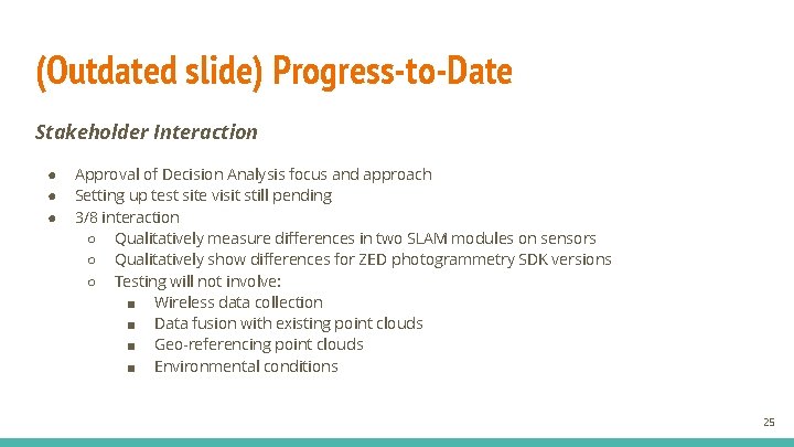 (Outdated slide) Progress-to-Date Stakeholder Interaction ● ● ● Approval of Decision Analysis focus and