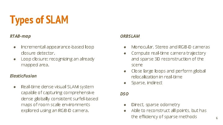 Types of SLAM RTAB-map ● ● Incremental appearance-based loop closure detector. Loop closure: recognizing